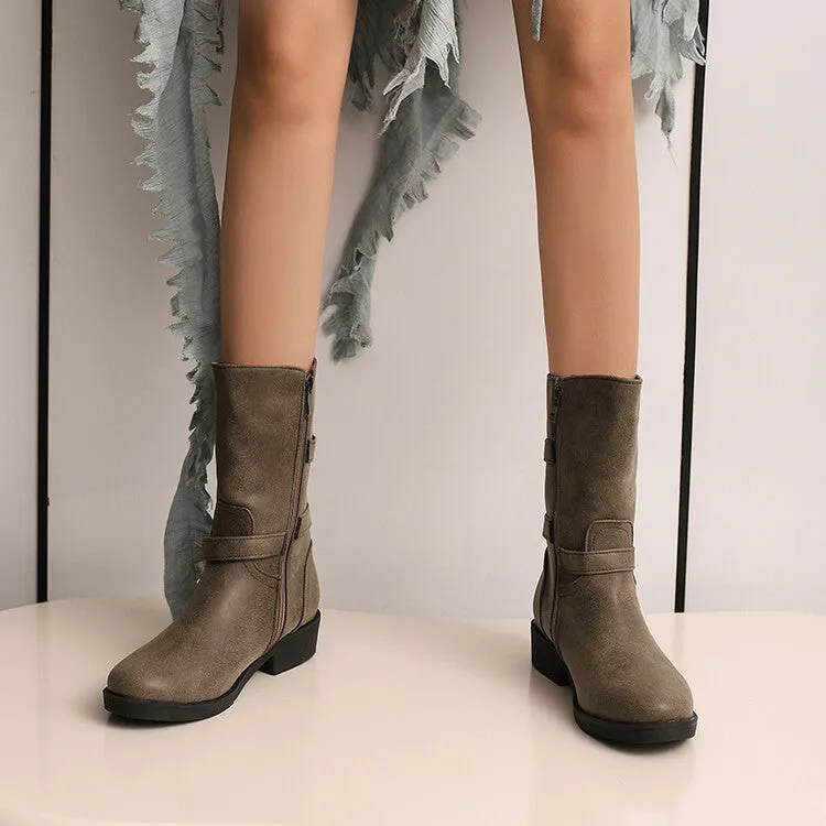 Women's Buckle Strap Round Toe Low Heels Short Boots