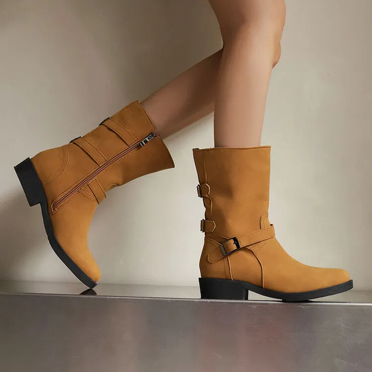 Women's Buckle Strap Round Toe Low Heels Short Boots