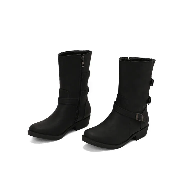 Women's Buckle Strap Round Toe Low Heels Short Boots