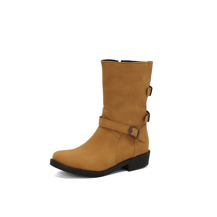 Women's Buckle Strap Round Toe Low Heels Short Boots
