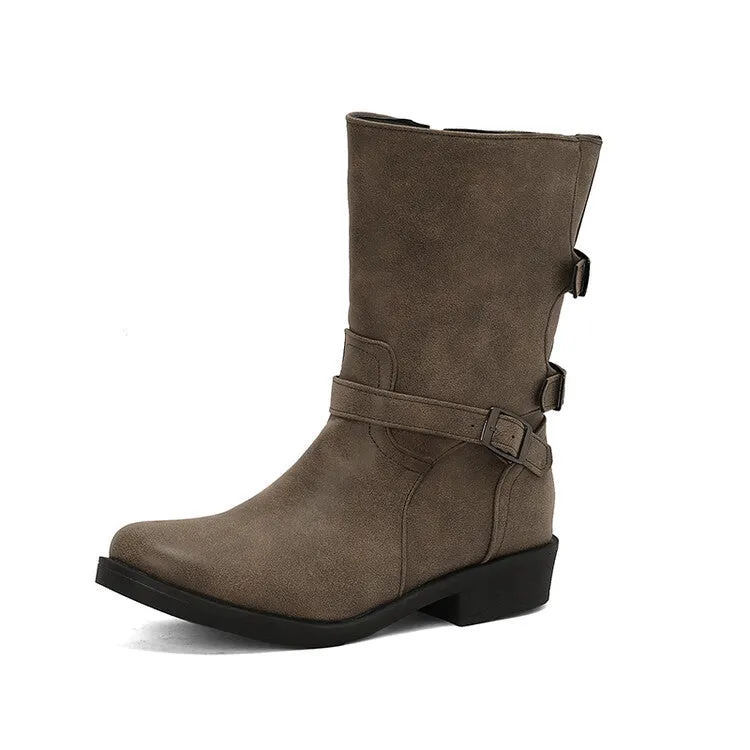 Women's Buckle Strap Round Toe Low Heels Short Boots