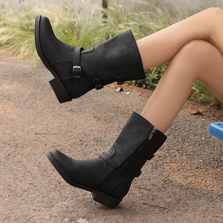 Women's Buckle Strap Round Toe Low Heels Short Boots
