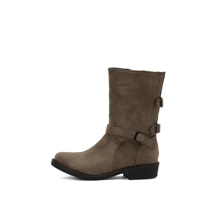 Women's Buckle Strap Round Toe Low Heels Short Boots
