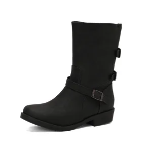 Women's Buckle Strap Round Toe Low Heels Short Boots