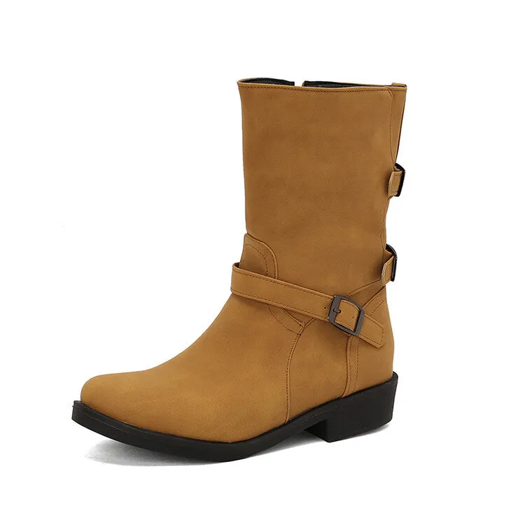 Women's Buckle Strap Round Toe Low Heels Short Boots