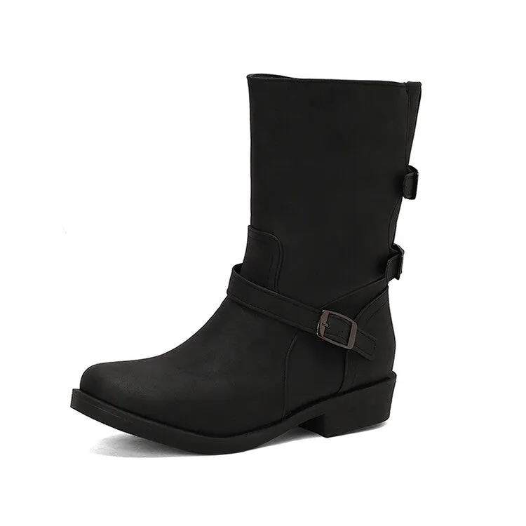Women's Buckle Strap Round Toe Low Heels Short Boots