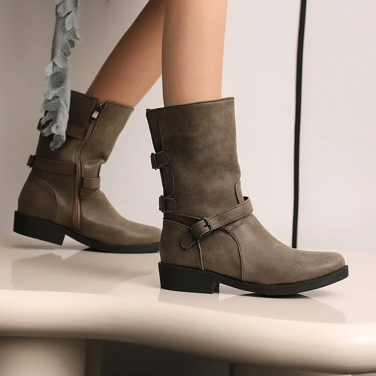 Women's Buckle Strap Round Toe Low Heels Short Boots