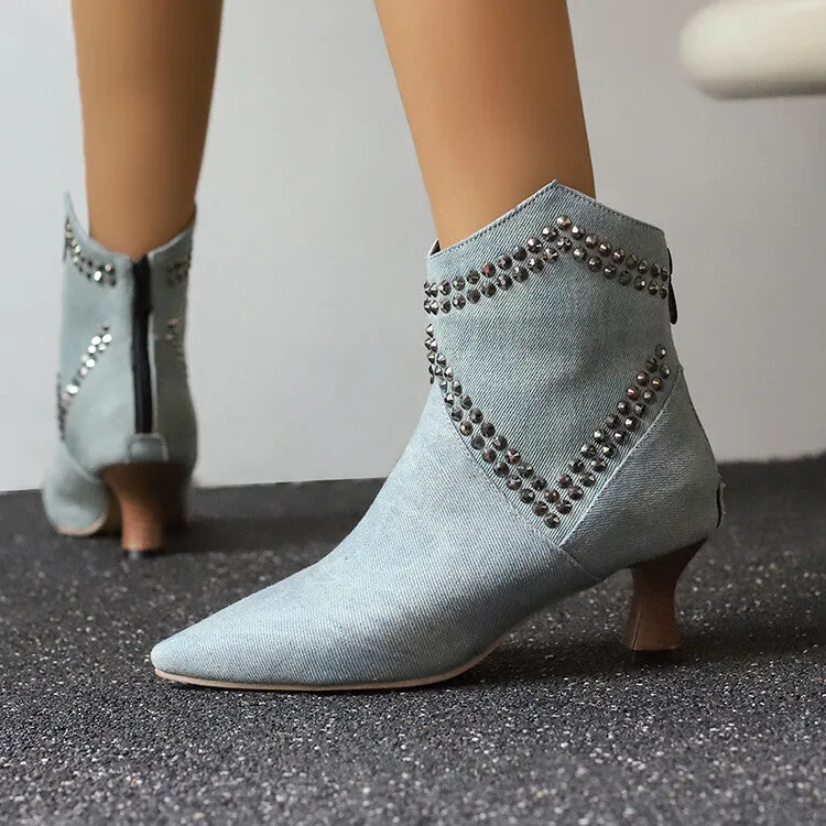Women's Camouflage Rivets Pointed Toe Hoof Heel Western Ankle Boots