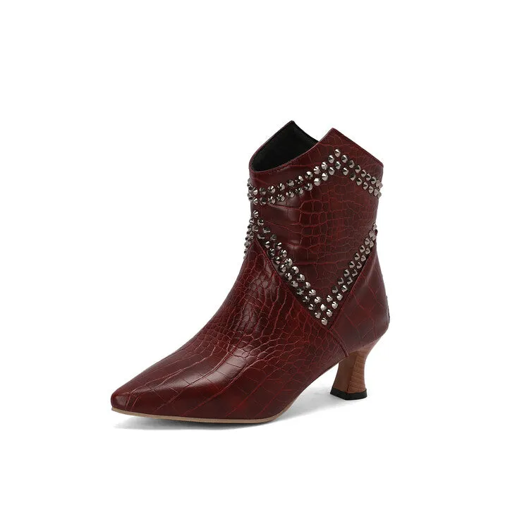 Women's Camouflage Rivets Pointed Toe Hoof Heel Western Ankle Boots