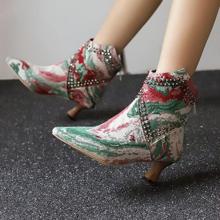 Women's Camouflage Rivets Pointed Toe Hoof Heel Western Ankle Boots