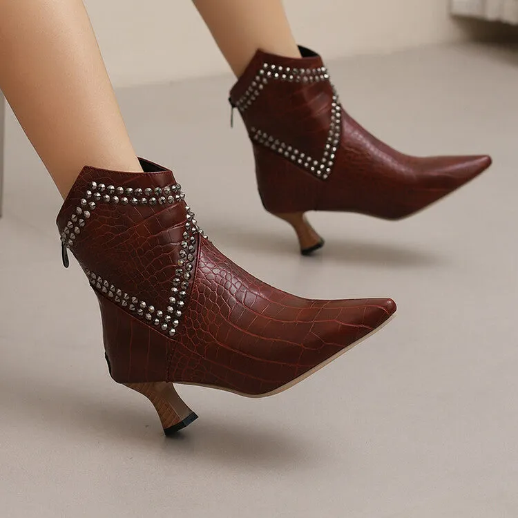 Women's Camouflage Rivets Pointed Toe Hoof Heel Western Ankle Boots