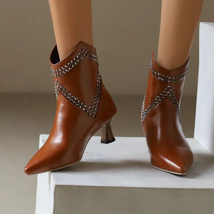 Women's Camouflage Rivets Pointed Toe Hoof Heel Western Ankle Boots