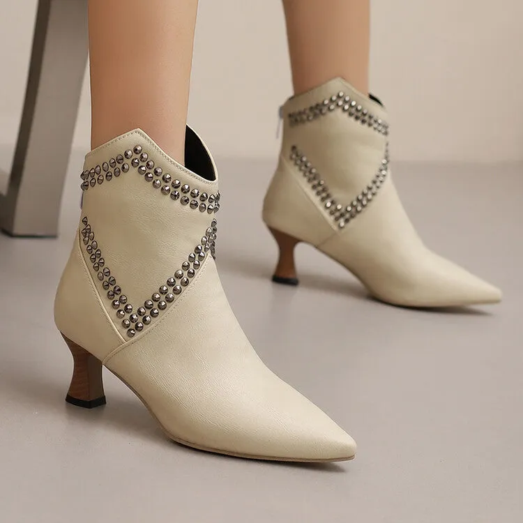 Women's Camouflage Rivets Pointed Toe Hoof Heel Western Ankle Boots
