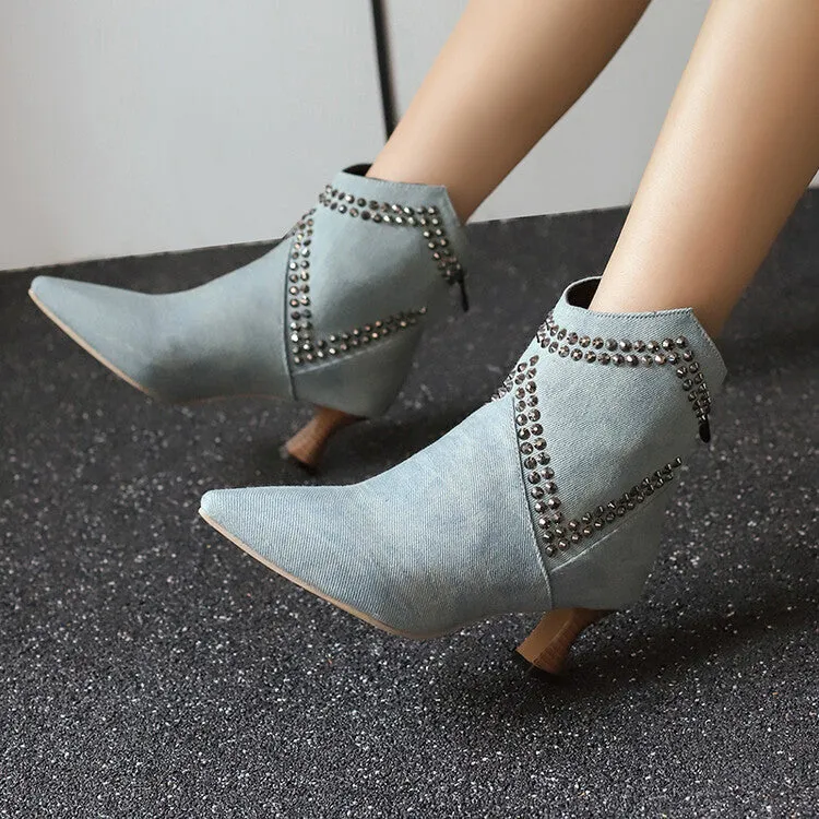 Women's Camouflage Rivets Pointed Toe Hoof Heel Western Ankle Boots