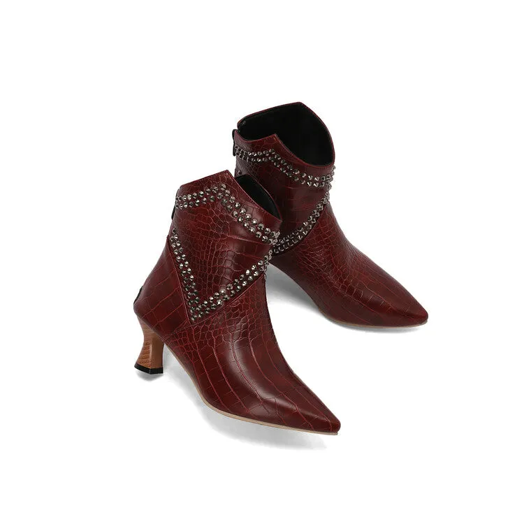 Women's Camouflage Rivets Pointed Toe Hoof Heel Western Ankle Boots
