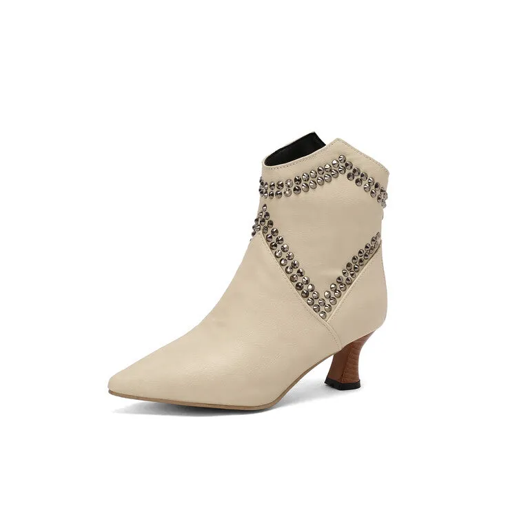 Women's Camouflage Rivets Pointed Toe Hoof Heel Western Ankle Boots