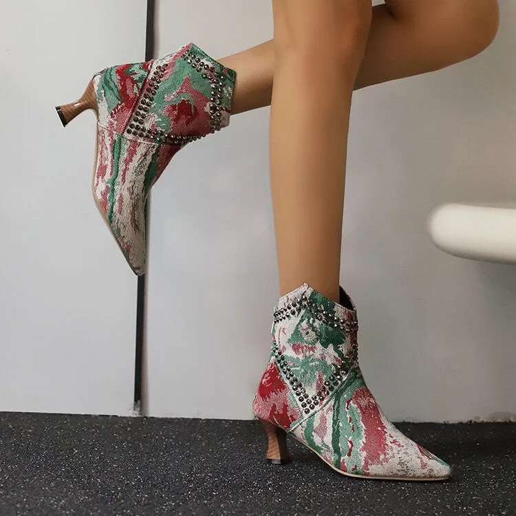 Women's Camouflage Rivets Pointed Toe Hoof Heel Western Ankle Boots