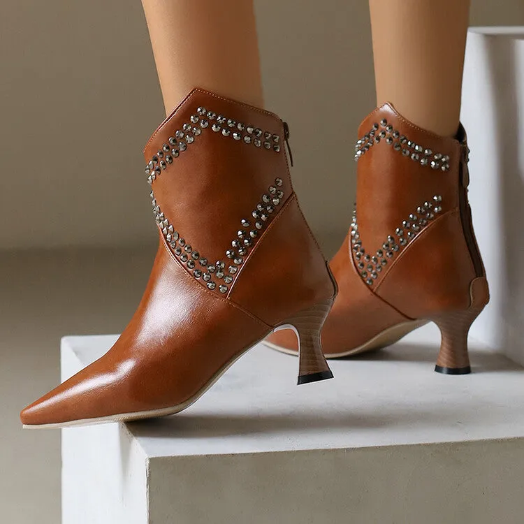 Women's Camouflage Rivets Pointed Toe Hoof Heel Western Ankle Boots