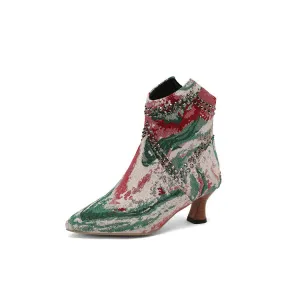 Women's Camouflage Rivets Pointed Toe Hoof Heel Western Ankle Boots