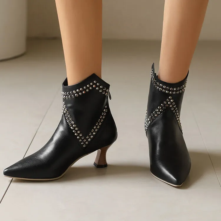 Women's Camouflage Rivets Pointed Toe Hoof Heel Western Ankle Boots