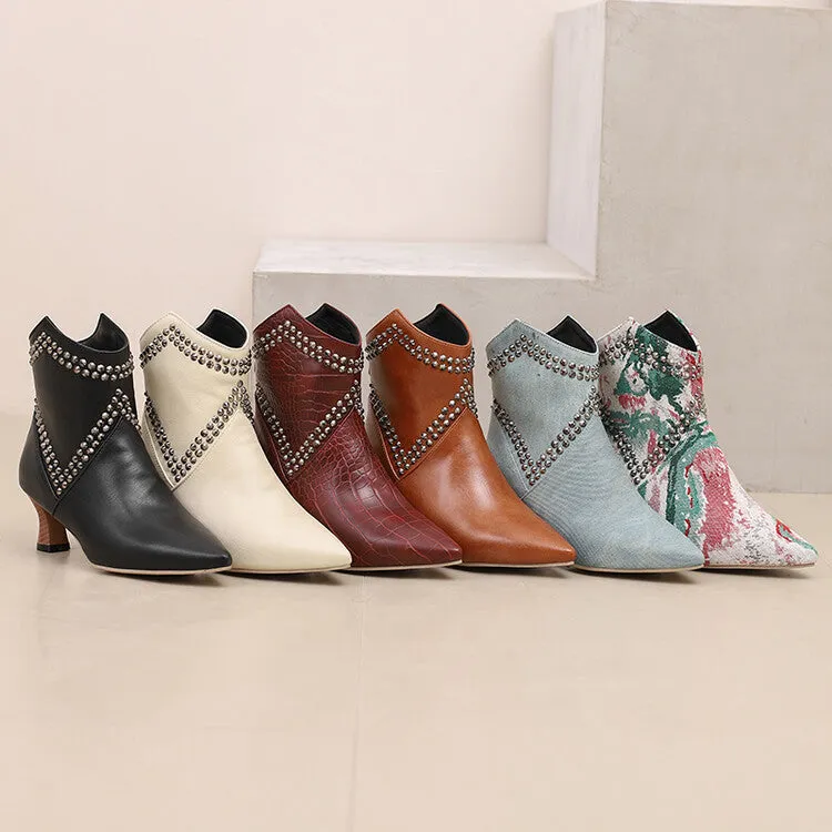 Women's Camouflage Rivets Pointed Toe Hoof Heel Western Ankle Boots