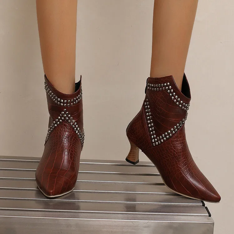 Women's Camouflage Rivets Pointed Toe Hoof Heel Western Ankle Boots