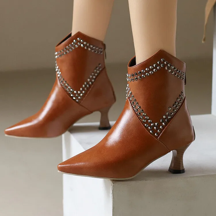 Women's Camouflage Rivets Pointed Toe Hoof Heel Western Ankle Boots