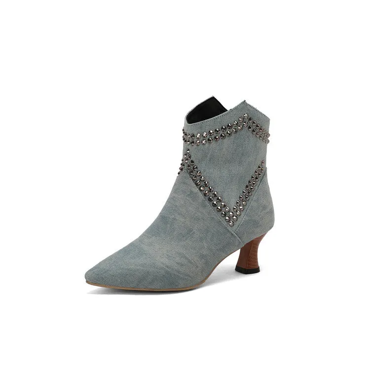 Women's Camouflage Rivets Pointed Toe Hoof Heel Western Ankle Boots