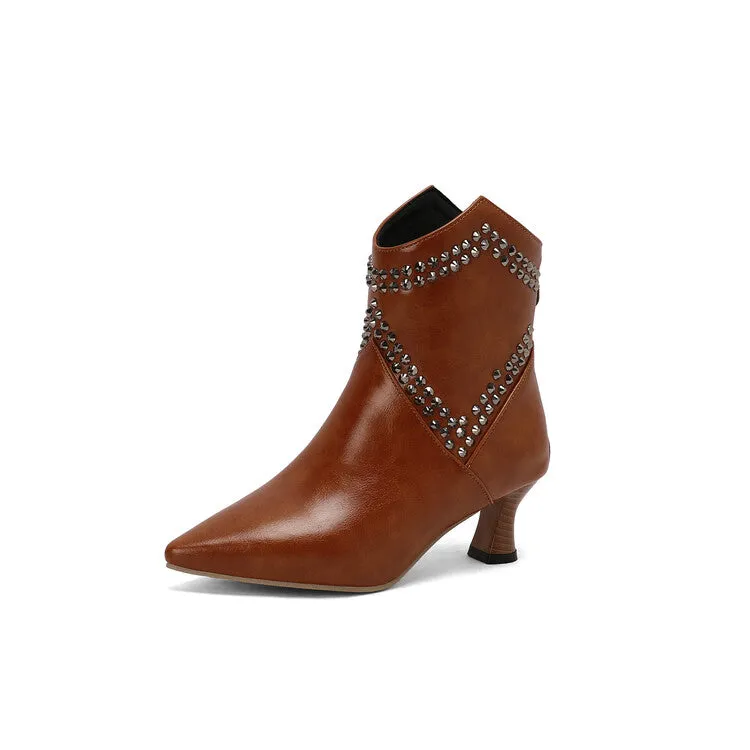 Women's Camouflage Rivets Pointed Toe Hoof Heel Western Ankle Boots