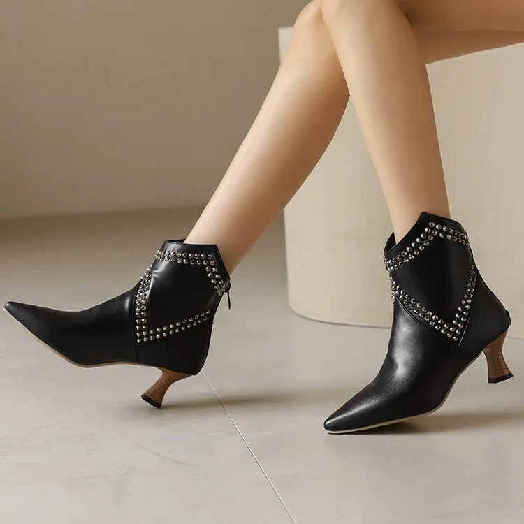 Women's Camouflage Rivets Pointed Toe Hoof Heel Western Ankle Boots
