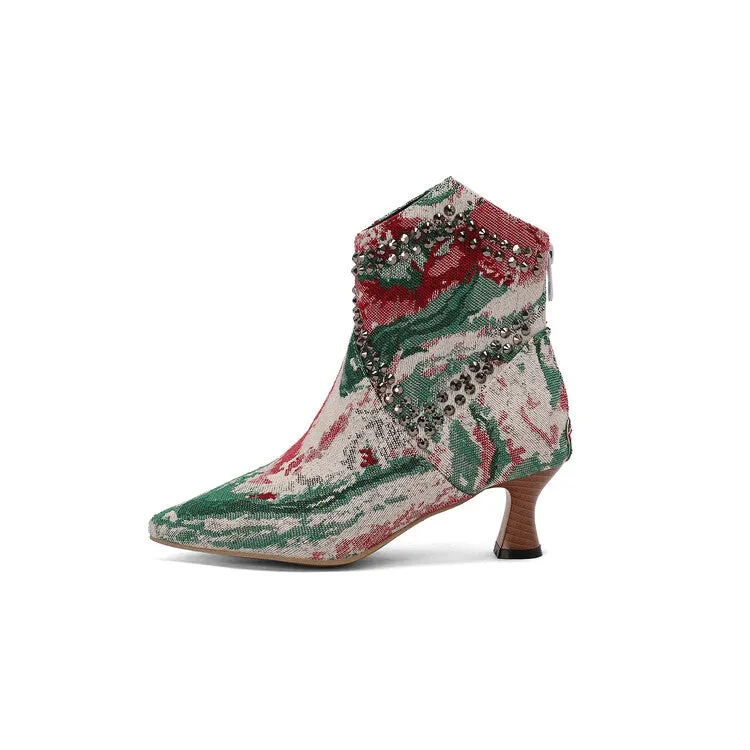 Women's Camouflage Rivets Pointed Toe Hoof Heel Western Ankle Boots
