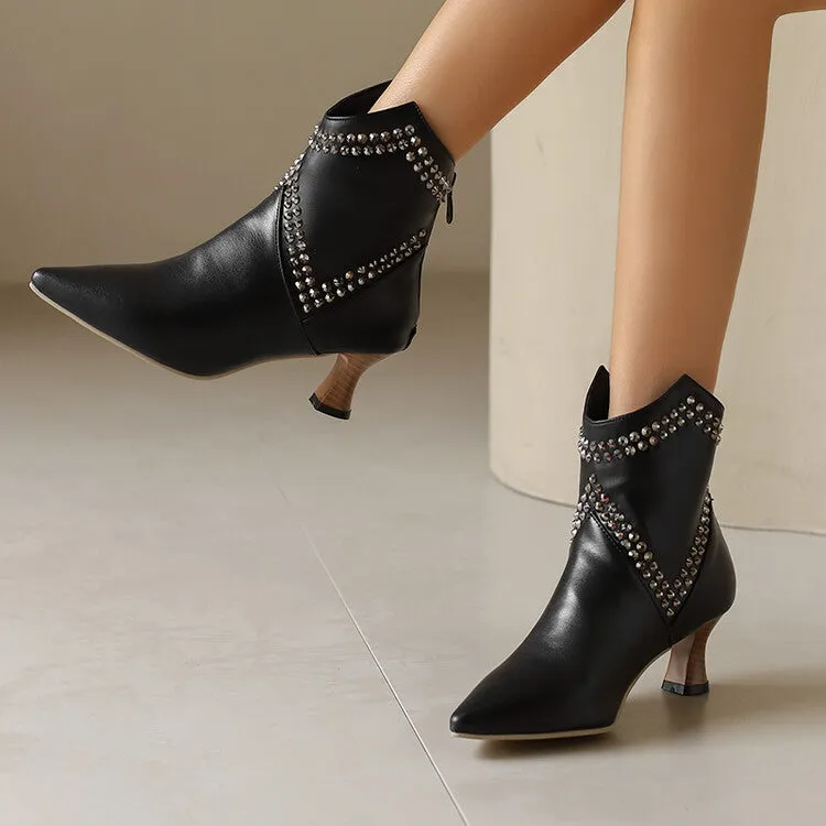 Women's Camouflage Rivets Pointed Toe Hoof Heel Western Ankle Boots