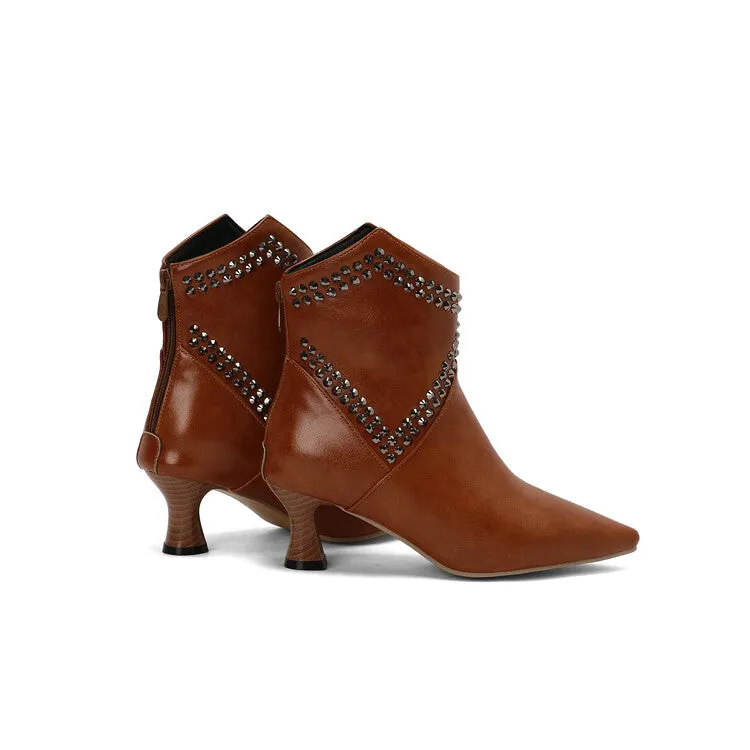 Women's Camouflage Rivets Pointed Toe Hoof Heel Western Ankle Boots