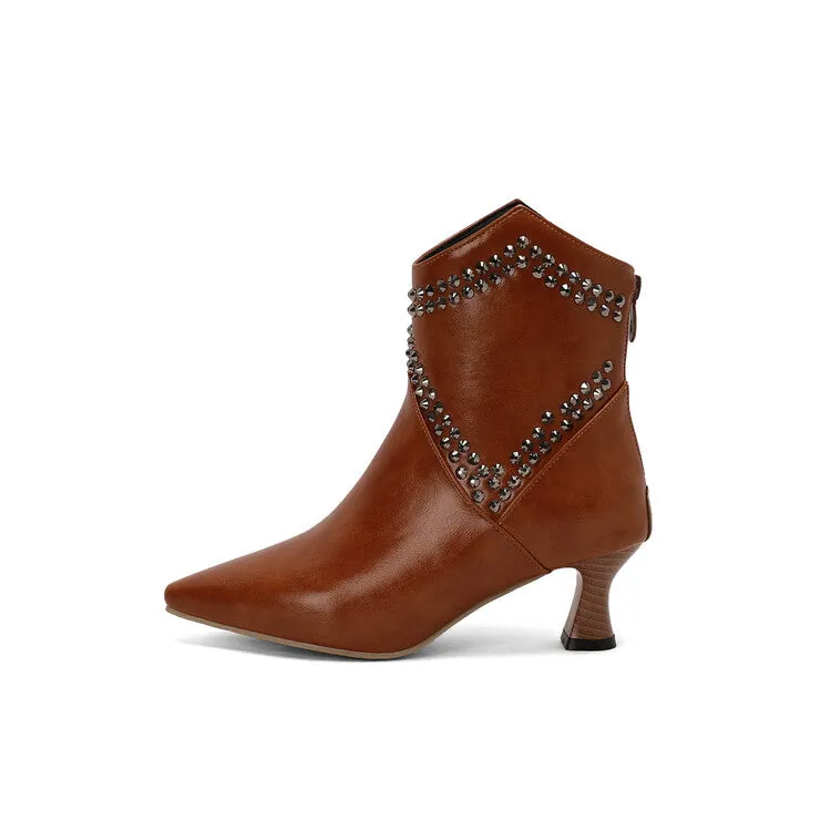 Women's Camouflage Rivets Pointed Toe Hoof Heel Western Ankle Boots