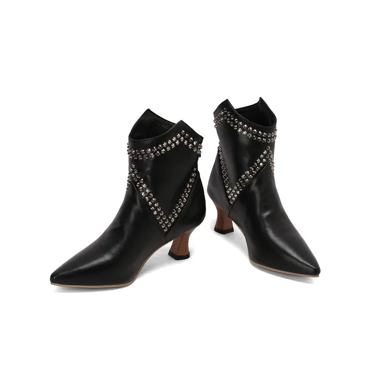 Women's Camouflage Rivets Pointed Toe Hoof Heel Western Ankle Boots