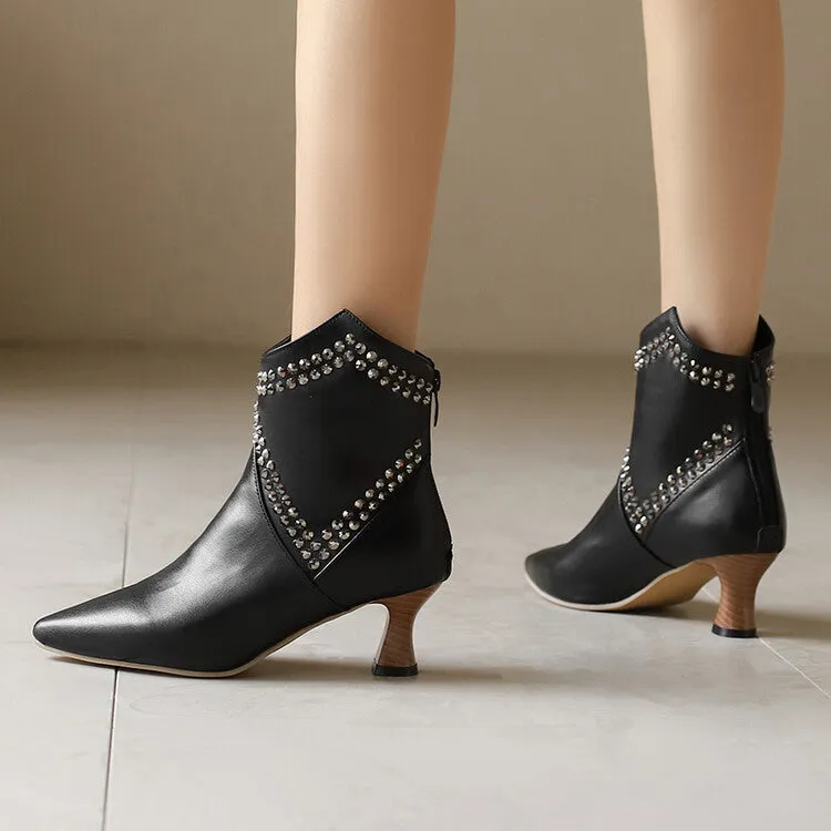 Women's Camouflage Rivets Pointed Toe Hoof Heel Western Ankle Boots