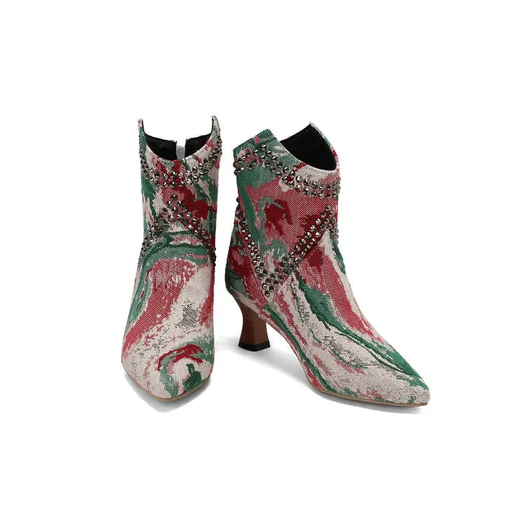 Women's Camouflage Rivets Pointed Toe Hoof Heel Western Ankle Boots