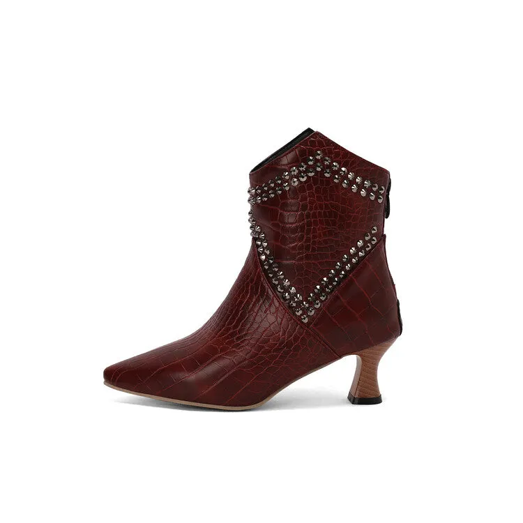 Women's Camouflage Rivets Pointed Toe Hoof Heel Western Ankle Boots