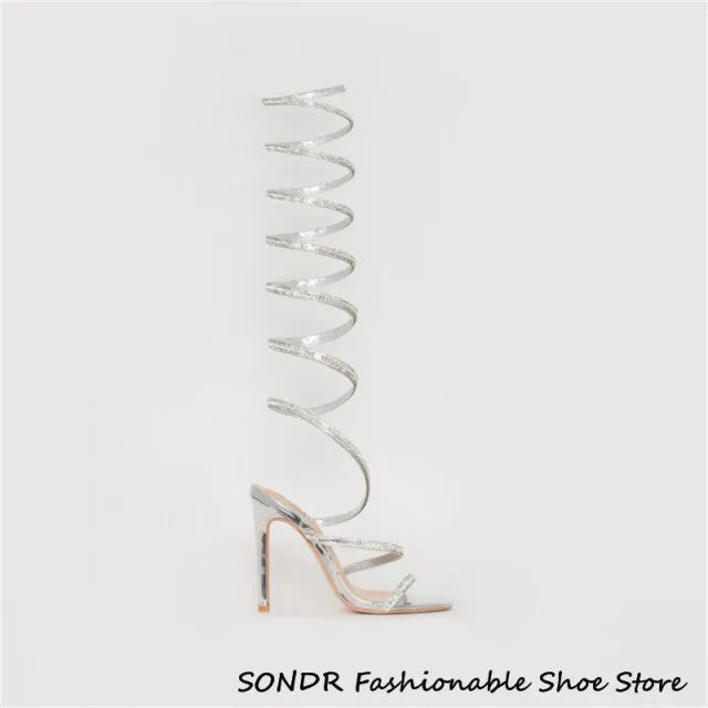 Womens Crystal Gladiator Over The Knee Sandals Boot..