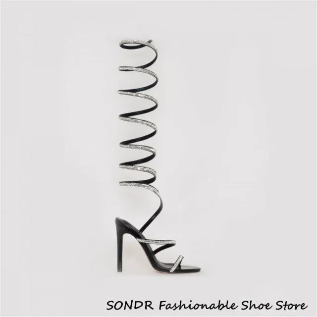 Womens Crystal Gladiator Over The Knee Sandals Boot..