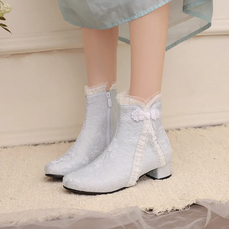 Women's Embroider Bows Lace Block Heel Ankle Boots