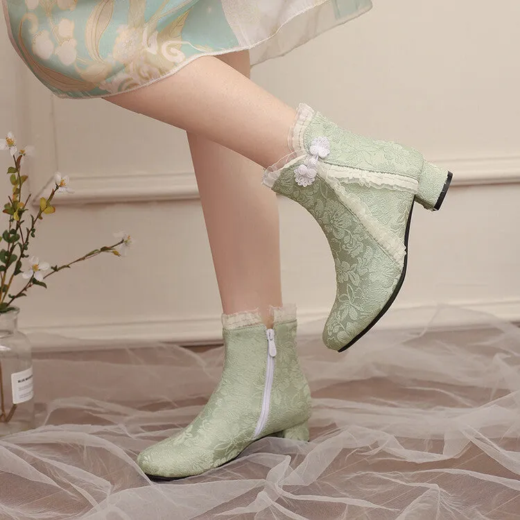 Women's Embroider Bows Lace Block Heel Ankle Boots
