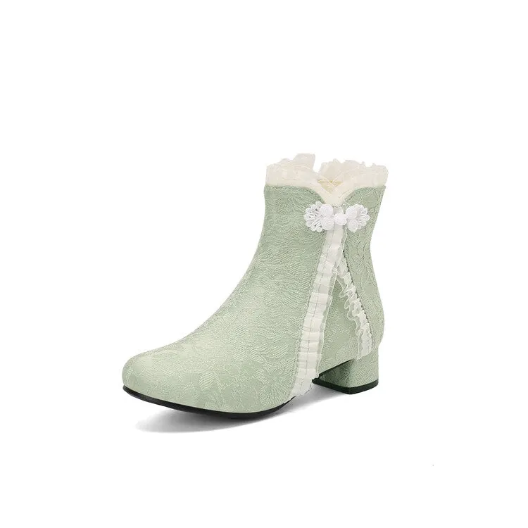 Women's Embroider Bows Lace Block Heel Ankle Boots