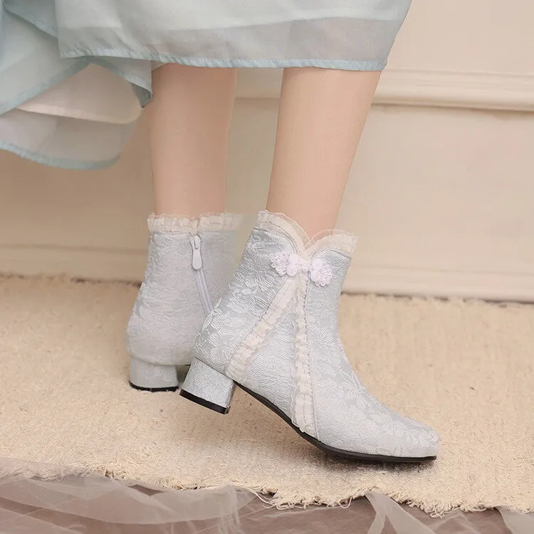 Women's Embroider Bows Lace Block Heel Ankle Boots