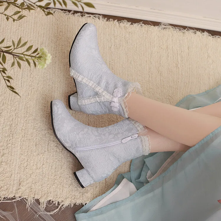Women's Embroider Bows Lace Block Heel Ankle Boots