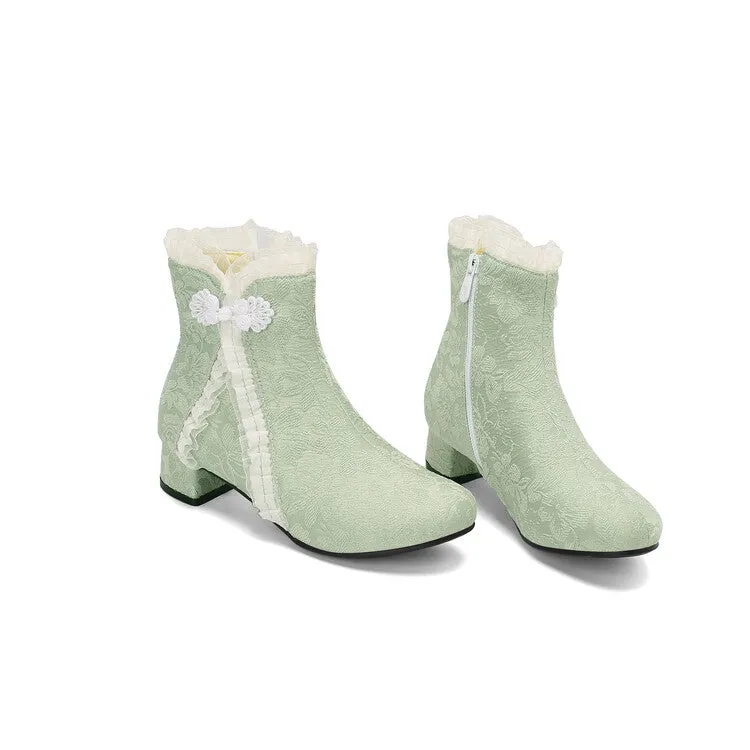 Women's Embroider Bows Lace Block Heel Ankle Boots