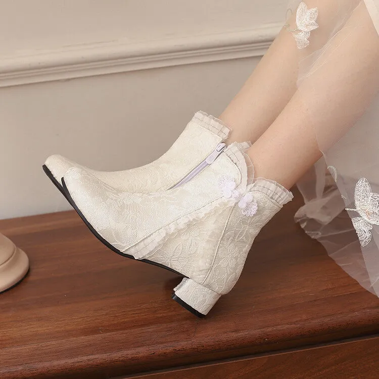 Women's Embroider Bows Lace Block Heel Ankle Boots