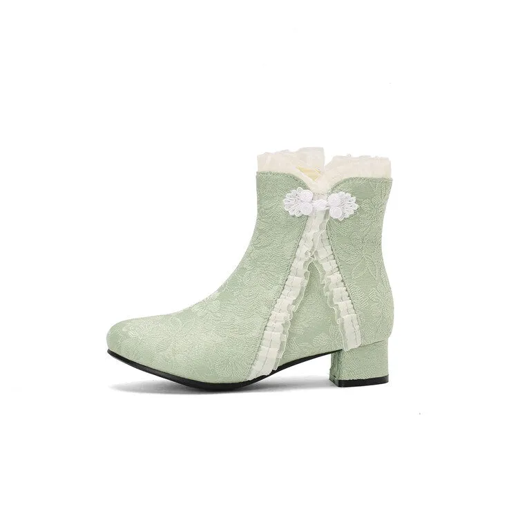 Women's Embroider Bows Lace Block Heel Ankle Boots