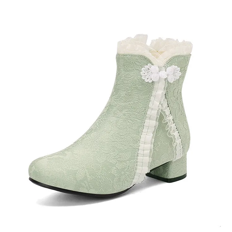 Women's Embroider Bows Lace Block Heel Ankle Boots