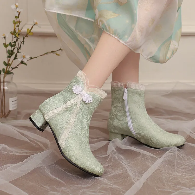 Women's Embroider Bows Lace Block Heel Ankle Boots